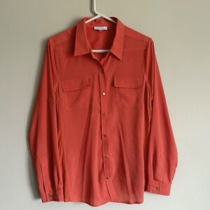 Button Front Long Sleeve Blouse in Coral